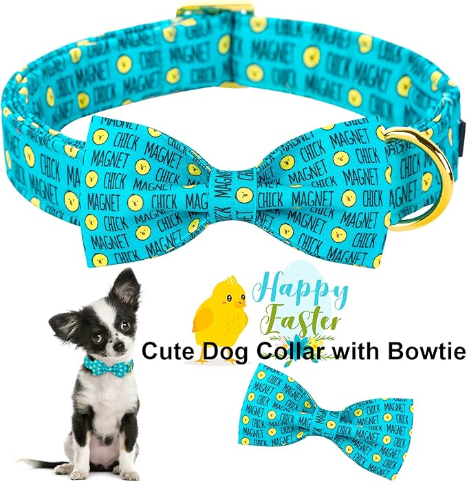ARING PET Easter Dog Collar with Bow, Cute Adjustable Blue Chick Bowtie Pet Collars with Metal Buckle for Puppy Small Medium Large Boy Girl Dogs-S