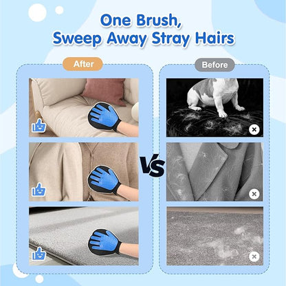 Pawaboo Pet Hair Removal Glove, Dual-Side Electrostatic Hair Removal & Silicone Fur Brush for Dogs and Cats, Reusable Five-Finger Pet Fur Grooming Glove for Couch Carpet Clothes Laundry, Blue & Grey