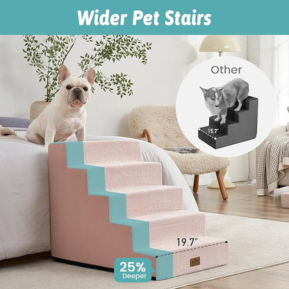 COZY KISS Dog Stairs for Small Dogs 5-Step, 19.7" Extra Wide Right-Angle Pet Stairs for Couch and Beds, Anti-Slip Dog Steps for Old Cats and Lowrider, 19.7x29.5x23.6 inch, Pink