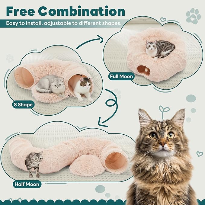 DUMOS Cat Tunnel Bed for Indoor Cats Cave Donut Play Tunnel, Soft Plush Peekaboo, Circle Cushion, Washable Multifunctional Playground Under Tree Pet Toys for Kittens, Puppy Rabbit, Ferret -Cream White