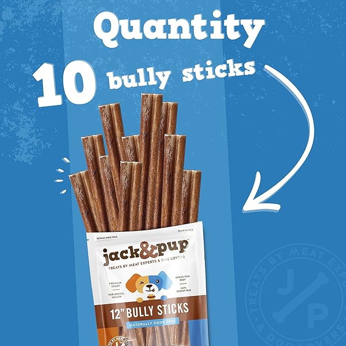 Jack&Pup 12 Inch Bully Sticks for Dogs (10 Pack) Extra Thick Dog Chews Long Lasting, Odor Free, Single Ingredient, 100% Beef Bully Sticks for Large Dogs