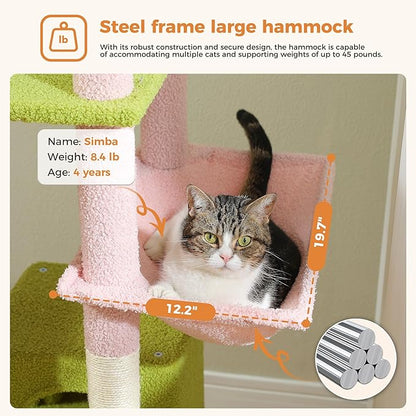 PAWZ Road 70 Inch Cat Tower, Pink Cat Tree with 2 Cozy Condos, 2 Plush Perch, Large Basket, 2 Scraching Pad & 6 Scraching Posts for Indoor Cats Large Adult