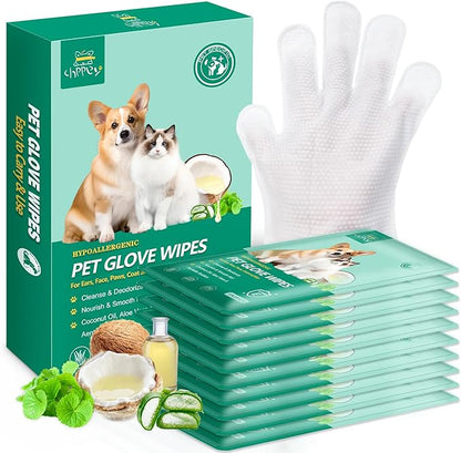 CHPPEY 10 PCS Pet Cleaning and Deodorizing Bathing Grooming Glove Wipes for Dogs and Cats, Extra Thick Nourish Fur No-Rinse Grooming Wipes for Daily Care and Travel, Hypoallergenic