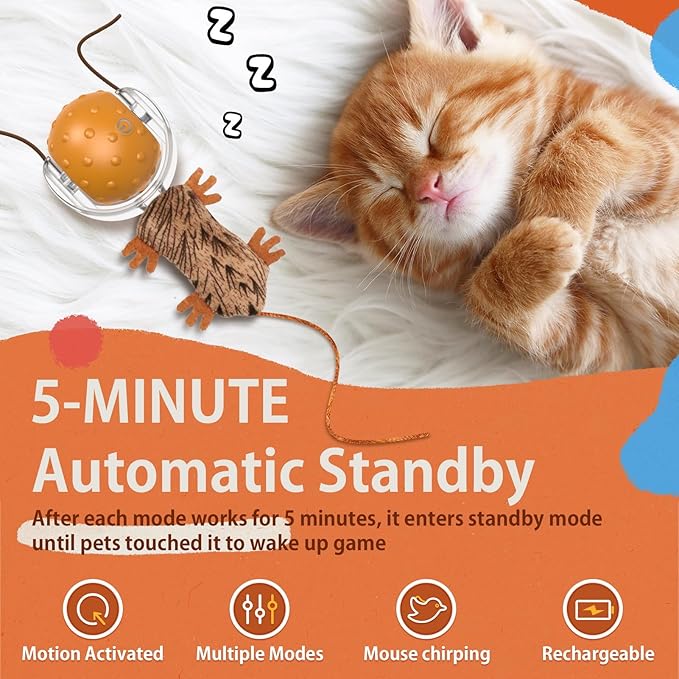 Oxawo Cat Toys Interactive Self Rolling Cat Balls with Mouse Tails Automatic Moving Fast on Carpet, Rechargeable & Motion Activated