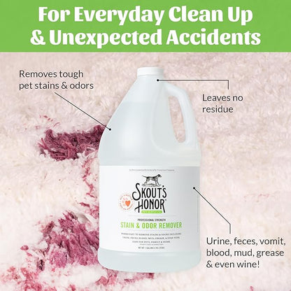 SKOUT'S HONOR Pet Stain and Odor Remover - Powerful Cleaner for Dog Urine, sweat, and other messes, Destroys and Removes Odor and Stain Molecules, Eco-Friendly Formula for Carpets and Home, 128oz