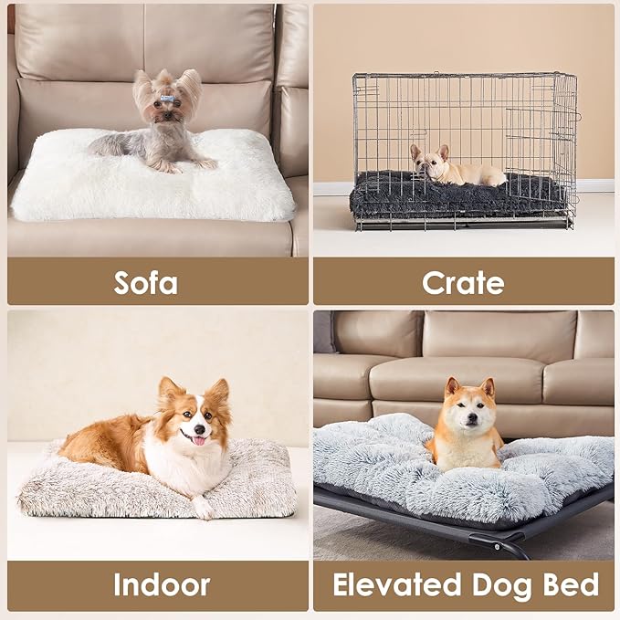 EHEYCIGA Fluffy Dog Crate Bed for Small Dogs, Plush Faux Fur Crate Pad, Calming Anti Anxiety Small Dog Bed, Washable Soft Warm Mat with Non-Slip Bottom, Brown