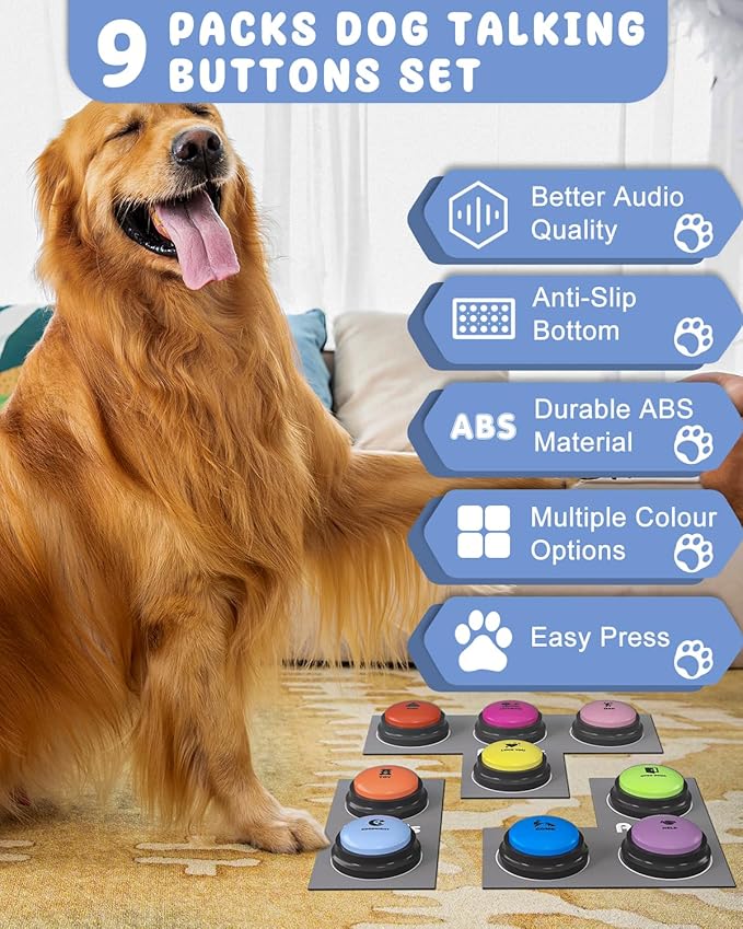 Dog Buttons for Communication, 9 Pcs Dog Talking Button Set, 30s Voice Recording Pet Buzzer Training Buttons, Speaking Button for Dogs with Waterproof Anti-Slip Dog Button Mat and 48 Scene Stickers