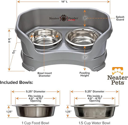 Neater Feeder Deluxe Mess Proof Cat Bowls Elevated for All Breeds – Made in USA – No Spill Raised Bowls for Indoor Cats – Stainless Steel Food and Water Bowl Set, Pet Dish Feeding Station, Grey