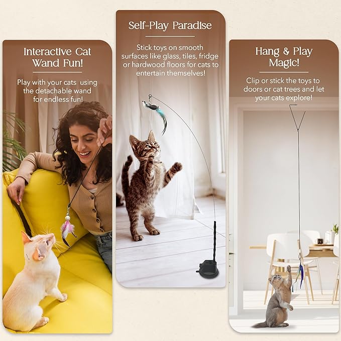 CUTIE PAW PAL Interactive Bird Simulation Cat Feather Toy Set - Suction Cup Cat Toys for Indoor Cats, Natural Feathers, Bells & Easy Clip-On, Perfect for Indoor Cats - 2 Free Pads, Suctions to Ground