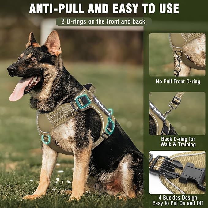 MOOGROU Tactical Dog Harness and Leash Set for Large Dogs,Heavy Duty No Pull Service Dog Vest and 10 Patches with Dog Seat Belt,Reflective Adjustable Pet Harness for Training Walking Hiking Brown L