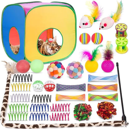 Retro Shaw Cat Toys, 33Pack, Interactive Kitten Toys for Indoor Cats Kitty with Collapsible Cat Tunnel Tube Tent Feather Wand Teaser Bell Fuzzy Pompom Crinkle Ball Springs Mice Toys