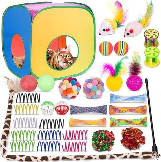Retro Shaw Cat Toys, 33Pack, Interactive Kitten Toys for Indoor Cats Kitty with Collapsible Cat Tunnel Tube Tent Feather Wand Teaser Bell Fuzzy Pompom Crinkle Ball Springs Mice Toys