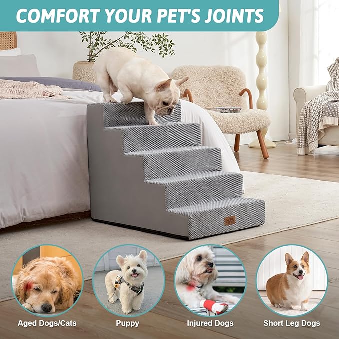 COZY KISS Dog Stairs for Small Dogs, 5 Tier Wider Pet Stairs for High Beds, 23.6" H Non-Slip Dog Steps for Old Cats, Puppies, Small Medium Dogs, 19.7x29.5x23.6 inch, Grey