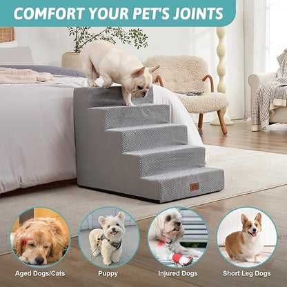 COZY KISS Dog Stairs for Small Dogs, 5 Tier Wider Pet Stairs for High Beds, 23.6" H Non-Slip Dog Steps for Old Cats, Puppies, Small Medium Dogs, 19.7x29.5x23.6 inch, Grey