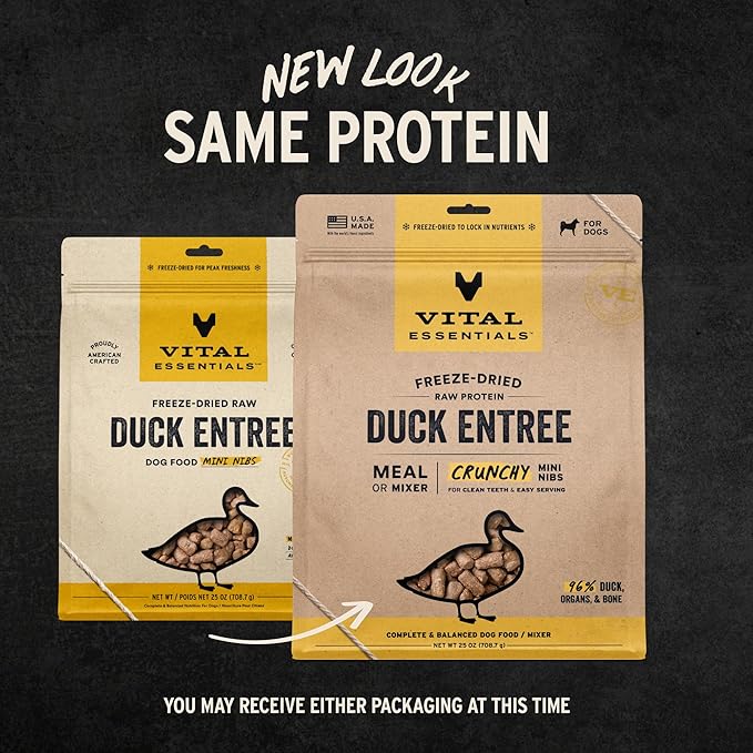 Vital Essentials Freeze-Dried Raw Dog Food, Duck Crunchy Mini Nibs | Complete Meal or Mixer | High Protein Dog Food | 25 oz