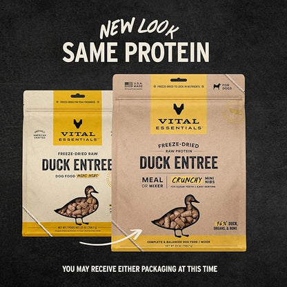 Vital Essentials Freeze-Dried Raw Dog Food, Duck Crunchy Mini Nibs | Complete Meal or Mixer | High Protein Dog Food | 25 oz