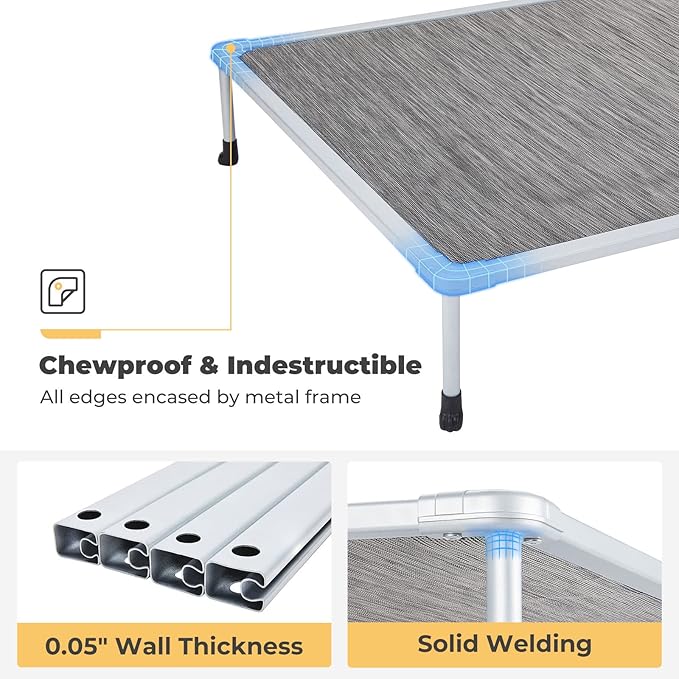Veehoo Chewproof Elevated Dog Bed- Cooling Raised Pet Cot, Breathable Mesh, Washable & Non-Slip for Medium Dogs, Indoor/Outdoor, Black Silver Mat and Silver Metal Frame, 32x25inches (Model CWC2203B03)