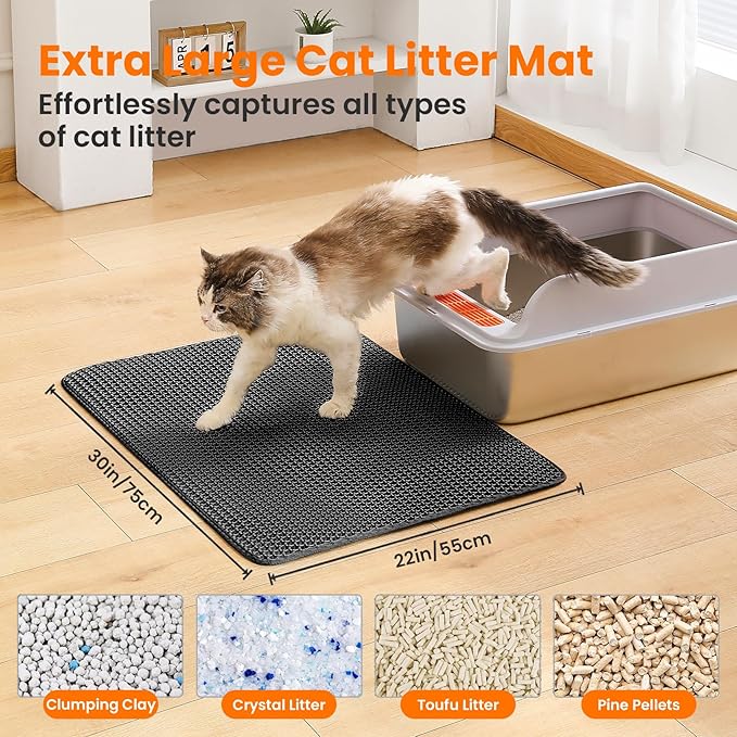 Petinstinct Extra Large Cat Litter Mat, 30x22 Inches Honeycomb Double Layer Cat Litter Trapping Mat, Non Slip Waterproof Urine Proof Large Kitty Litter Box Mat for Floor, Kitten Supplies, XL, Black