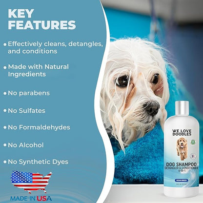 Dog Shampoo, Conditioner & Detangler-Best Shampoo for Goldendoodles, Poodles & Doodles Pet Hair -Hypoallergenic, Tearless, Sensitive Skin for Puppies & All Dog Breeds -Made in USA,16OZ (Ocean Breeze)