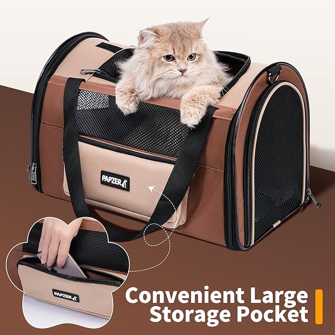 PAPZER Collapsible Small Pet Carrier for Cat 15 lbs with Fashion Pocket, Lightweight Sturdy Travel Carry Bag Little Puppy Dog, Breathable Stylish Kitten Soft Cage Kennel, 17.7x11.0x11.8 Inch Khaki