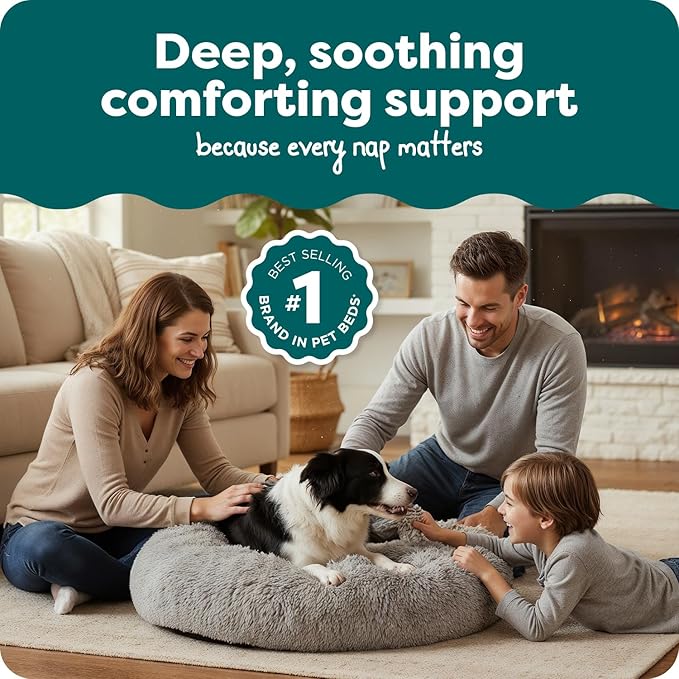 FurHaven 36" Calming Donut Dog Bed for Large Dogs, Round Plush Donut Design with Soft Filling for Snuggling Comfort, Removable Washable Cover, Large, Shaggy Faux Fur, Mist Gray