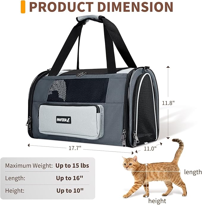 PAPZER Collapsible Small Pet Carrier for Cat 15 lbs with Fashion Pocket, Lightweight Sturdy Travel Carry Bag Little Puppy Dog, Breathable Stylish Kitten Soft Cage Kennel, 17.7x11.0x11.8 Inch Grey