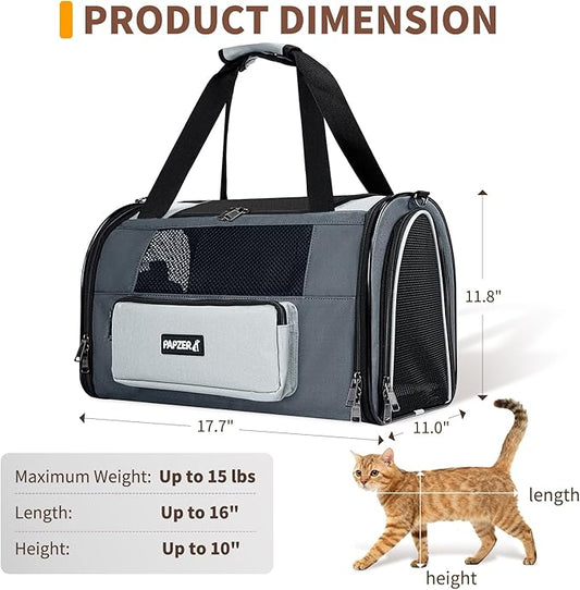PAPZER Collapsible Small Pet Carrier for Cat 15 lbs with Fashion Pocket, Lightweight Sturdy Travel Carry Bag Little Puppy Dog, Breathable Stylish Kitten Soft Cage Kennel, 17.7x11.0x11.8 Inch Grey