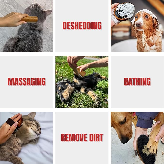 Wooden Pet Grooming Kit for Short-Haired & Double-Coated Dogs Cats Horses- Includes Bristle Brush, Massage Brushes & Deshedding Tools -Dog Brush for Shedding - Best Deshedding Comb - Idea Gift