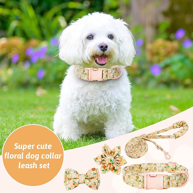 Dog Collar and Leash Set Girls Adjustable Puppy Collars with Floral Bow Tie for Small Medium Large Female Dogs, YellowFlower, L