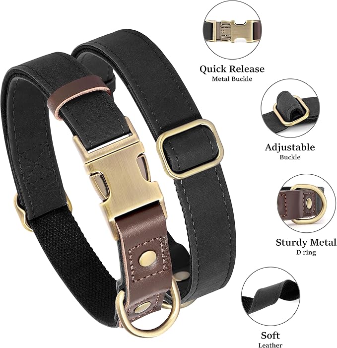 Didog Soft PU Leather Dog Collars for Small Dogs,Classic Adjustable Dog Collars with Quick Release Metal Buckle,Easy Clean and Comfortable with Nylon Lining,Black,S Neck 11-15"