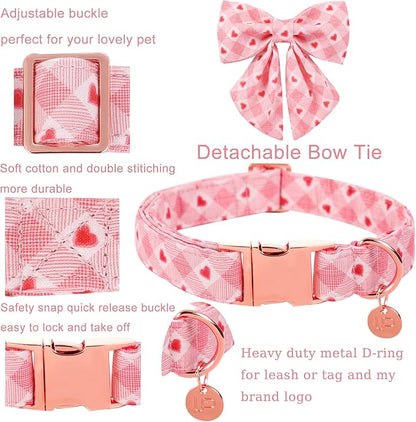 UP URARA PUP Valentine Dog Collar with Bow Tie, Medium Girl Dog, Cotton with Metal Buckle, Valentine's Day Gift, M, 13.5-22in, Pink Plaid