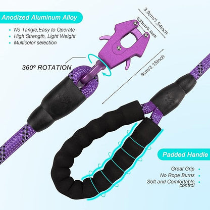 GEIT 2/4/5/6FT Dog Leash, Heavy Duty Rope Leashes, Reflective Nylon Pet Lead with Aluminum Quick Release/Locking Tactical Frog Clip for Small Medium and Large Dogs, Purple, 1/2 inch