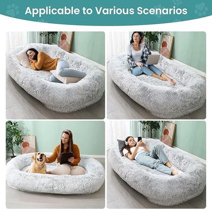 JOLLYVOGUE Human Dog Bed for Adults and Pets, Ultra-Soft Plush Giant Dog Bed with Egg Crate Foam, Non-Slip Base, and Machine Washable Cover - Ideal for Relaxation and Napping, Light Grey