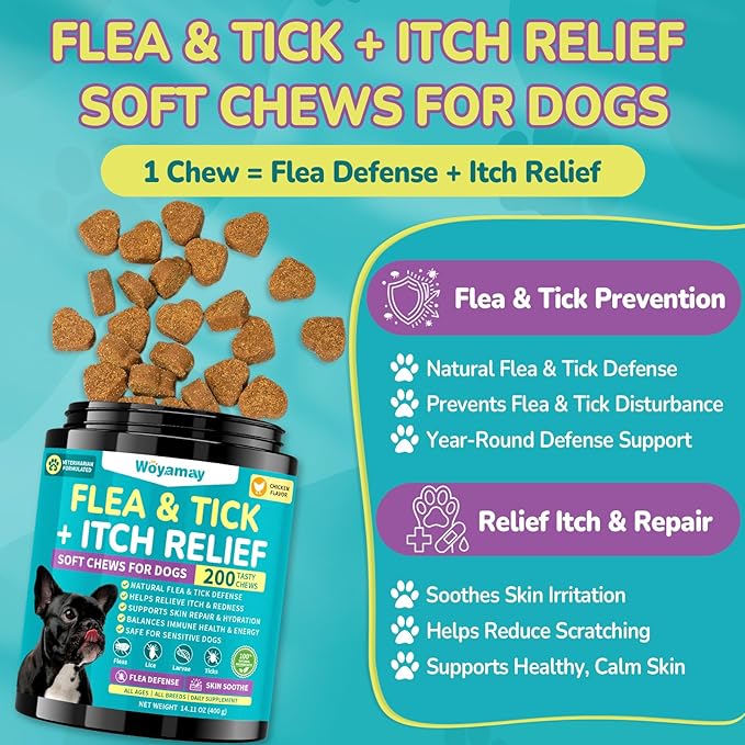Woyamay Flea & Tick + Itch Relief for Dogs Chewables, Flea and Tick Prevention for Dogs, Dog Allergy Chews, Dog Itching Skin Relief & Skin Repair, Flea Treatment Dogs, 200 Soft Chews, Chicken Flavor