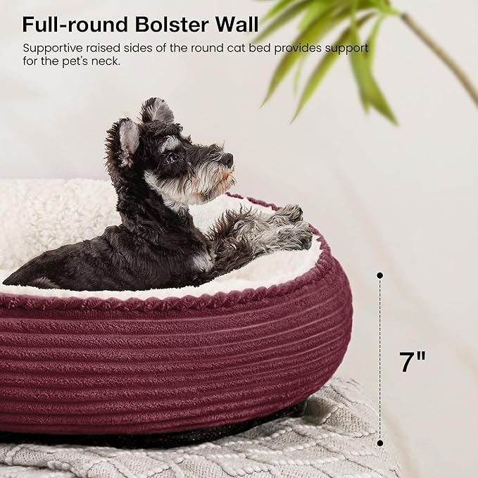 Love's cabin Round Donut Cat and Dog Cushion Bed, 25in Pet Bed for Small or Medium Dogs, Anti-Slip & Water-Resistant Bottom, Soft Durable Fabric Pet Beds, Washable Calming Cat Bed Burgundy Stripe