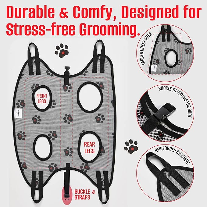 Dog Grooming Hammock for Dogs – Dog Restraint for Nail Trimming with Pet Nail Clipper – Dog Sling for Grooming, Dog Hammock for Nail Cutting & Grooming Harness (Legs Spacing:13-16”)/Max W:60lb)