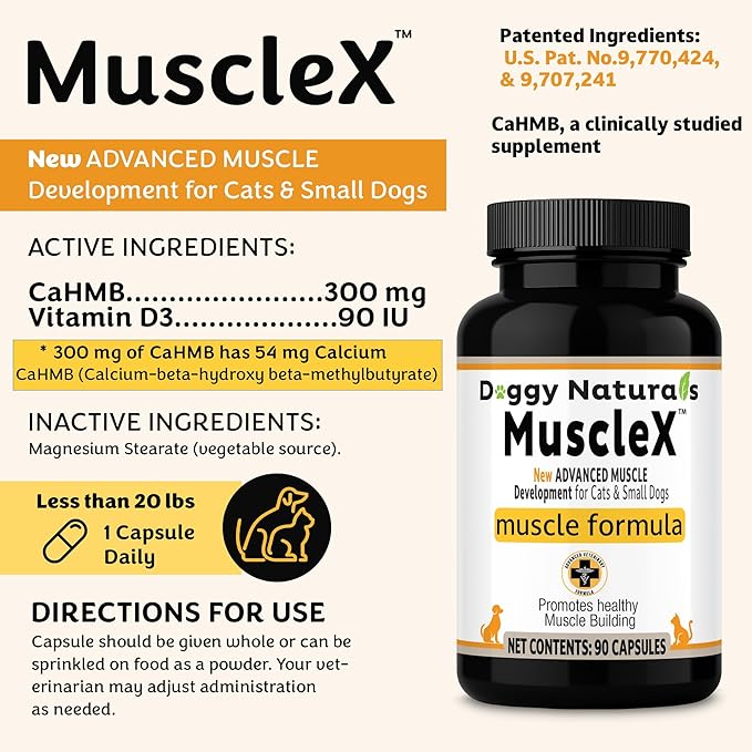 MuscleX™ Canine Muscle Formula Cats & Small Dogs with 300 mg CaHMB & Vitamin D3 - Natural Muscl Building Formula-Helps Reduce Muscle Loss Due to Normal Aging & Improves Recovery from Injury(180 Caps)