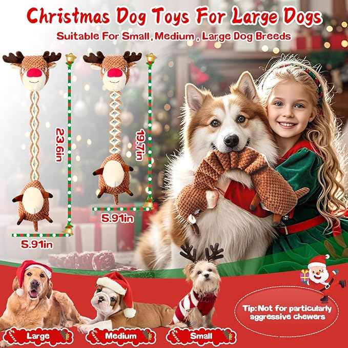 Jeefome Christmas Dog Toys for Large Dogs：Squeaky Tug of War Interactive Dog Toys with Crinkled Paper-Plush Puppy Toys Keep Them Busy