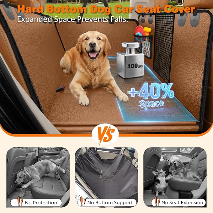 URPOWER PU Leather Backseat Extender for Dogs, Hard Bottom Dog Car Seat Cover for Back Seat, Waterproof Dog Car Hammock Anti-Scratch Pet Rear Seat Protector Travel Bed for Car and SUV