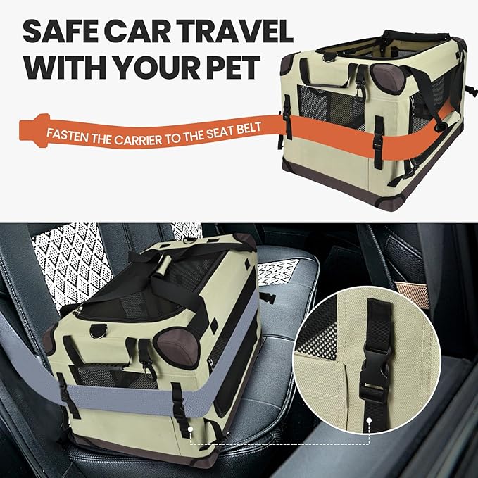 PEGIC Large Cat Carrier for Car Travel, Soft Sided Collapsible Pet Carrier for Outdoor and Indoor Uses, Roomy Extra Large Cat Carrier for 2 Kittens or Puppies Up to 50lbs (Brown)