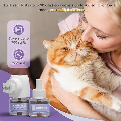 BUDDYJOY Cat Calming Diffuser Refills – Long-Lasting 30-Day Formula, Cat Pheromones Calming Diffuser for Stress Relief, Relaxation, and Anxiety Reduction, Easy to Use – (2 Diffusers + 2 Refills)