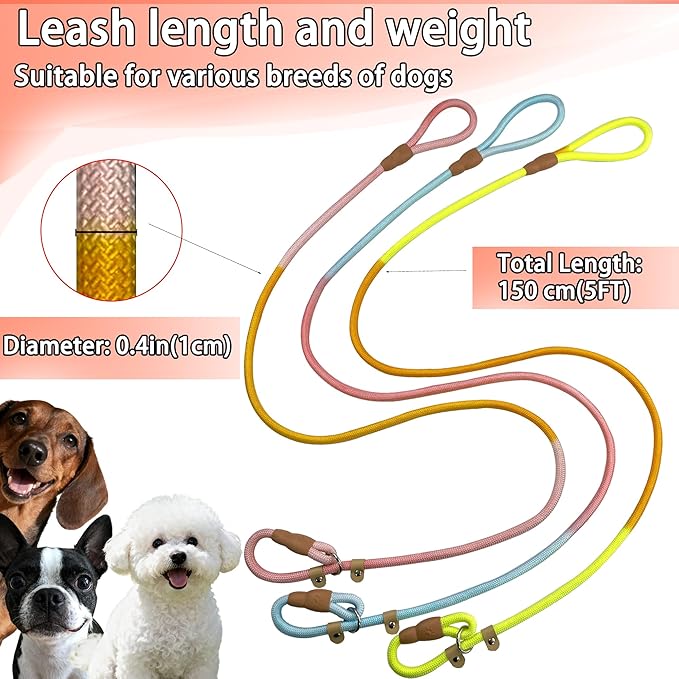3-Pack Lightweight Adjustable Nylon Dog leashes Leather Buckles Macaron Dog leashes for S/M Dogs,5.2ft Long,White Ultra-Soft eco-Cotton Lining,No Collar Needed