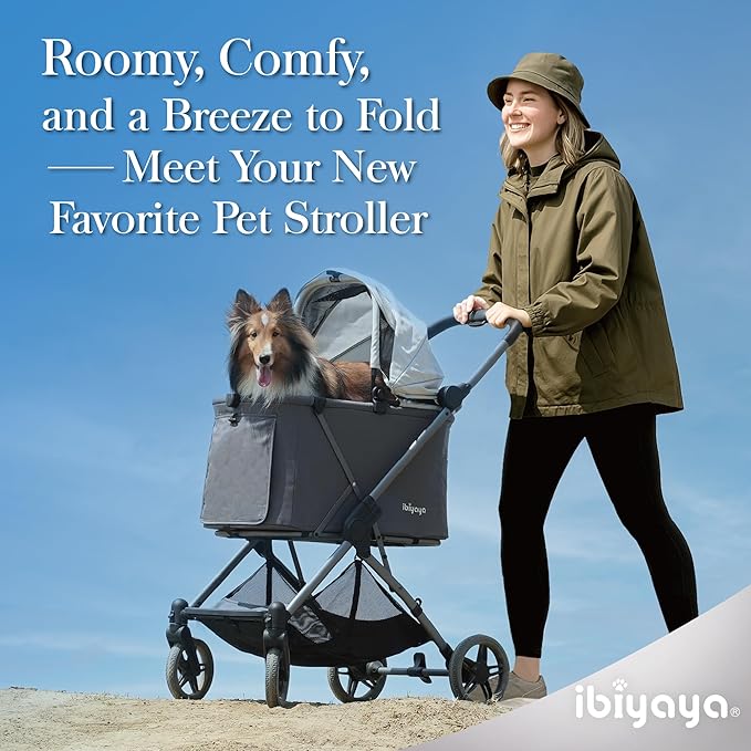 ibiyaya Maxi Deep Carriage Pet Stroller for Cats and Small Dogs – Flat-Free Rubber Wheels, One-Hand Fold, Extra-Tall Cabin (Twin Gray)