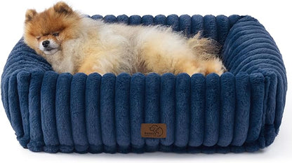 Bedsure ComfyFleece Cute Dog Beds Large Sized Dog - Washable Furry Pet Beds, Rectangle Orthopedic Corduroy Fleece Puppy Beds with Removable Zipper Cover, 25x21x7 inches,Night Blue
