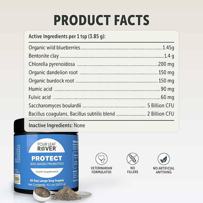 Four Leaf Rover Protect - Probiotics for Dogs - Veterinarian Formulated - with Natural Prebiotics and Antioxidants - Detoxification & Gut Health - 30 Day Large Dog Supply