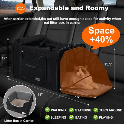 pidipiti 25''(L) x 17''(W) x 17''(H) Extra Large Expandable cat Carrier for car Travel,Soft Crate for 1 Large / 2 Medium Cats up to 35 lbs,Long Road Trip cage with a Leakproof Portable Litter Box