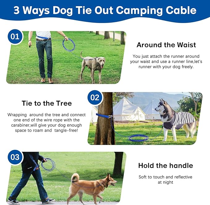 Long Leash Chew Proof, Tie Out Cable for Dogs 10/20/30/50 ft With Carabiner, Leads for Yard Medium Large Dogs, Padded Handle (Blue, 10Ft)