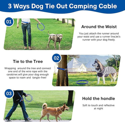 Long Leash Chew Proof, Tie Out Cable for Dogs 10/20/30/50 ft With Carabiner, Leads for Yard Medium Large Dogs, Padded Handle (Blue, 10Ft)