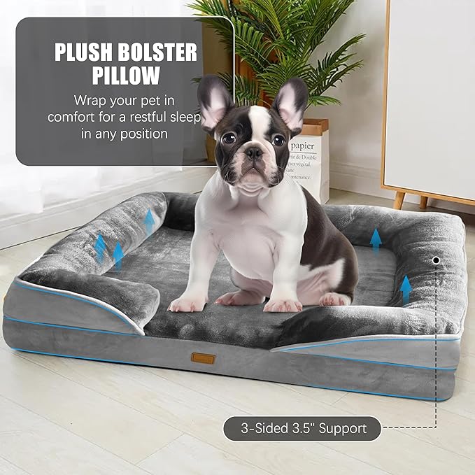 Spotted Play Orthopedic Dog Bed with Sides - Dog Sofa Beds for Medium Dogs, Supportive Foam Pet Couch Bed with Washable Removable Cover, Waterproof Lining and Non-Slip Bottom, Grey - M