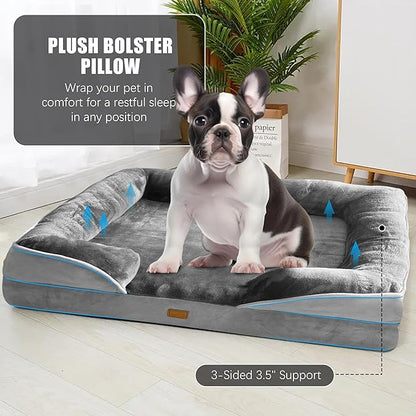 Spotted Play Orthopedic Dog Bed with Sides - Dog Sofa Beds for Medium Dogs, Supportive Foam Pet Couch Bed with Washable Removable Cover, Waterproof Lining and Non-Slip Bottom, Grey - M